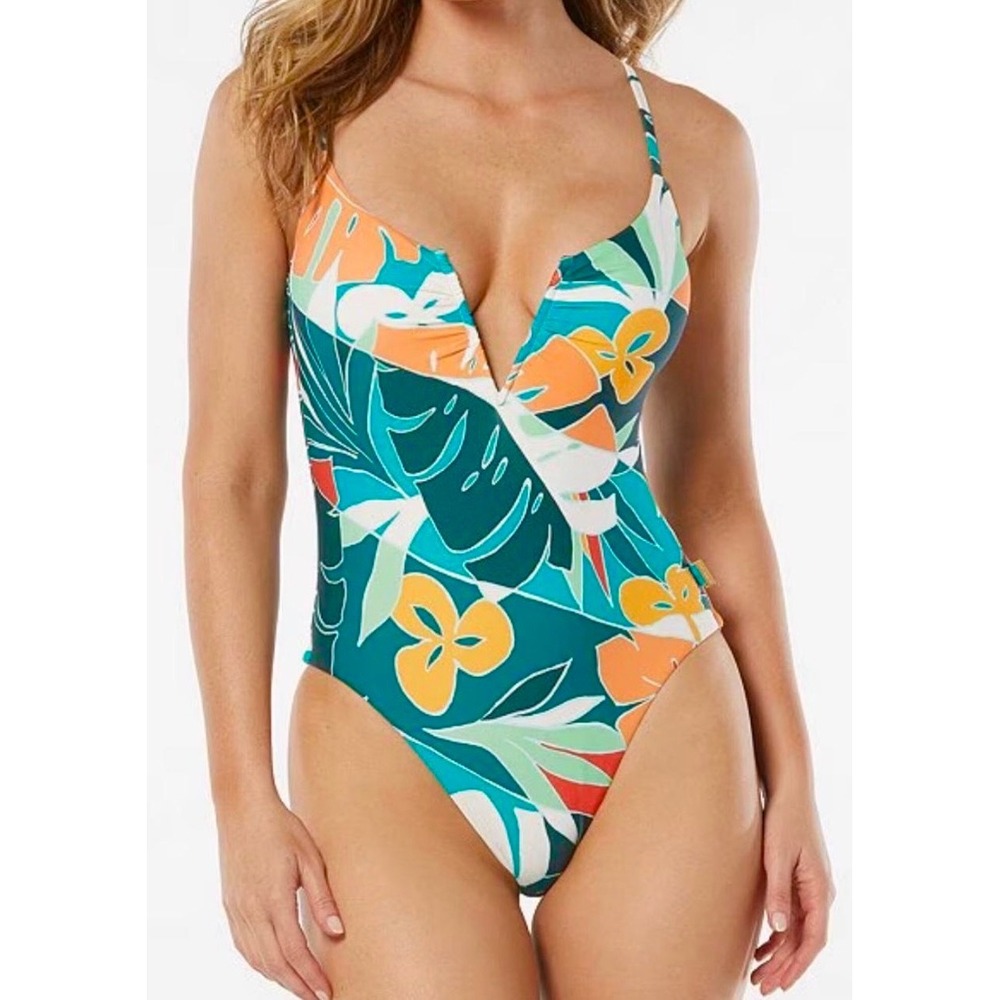Vince Camuto Tropical Floral V-Neck One Piece Swimsuit Teal Orange Size 10 NEW